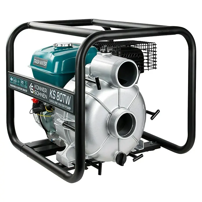 Könner & Söhnen Schmutzwasserpumpe KS 80TW - 7 PS, Max. Fördermenge: 1.100 l/h - Das Bild zeigt eine tragbare Konner & Söhnen KS 80TW Benzin-Wasserpumpe, ideal für Schmutzwasseranwendungen.