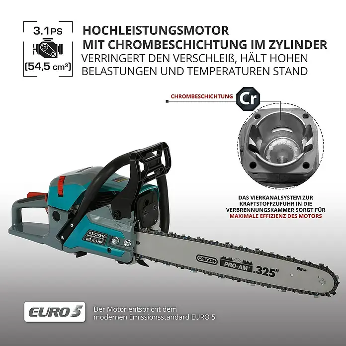 Könner & Söhnen Benzin-Kettensäge KS CS31G-20-1 - 2,3 kW, 54,5 cm³, Schwertlänge: 50 cm - Abbildung einer Kettensäge mit einem 3,1 PS Hochleistungsmotor mit Chrombeschichtung im Zylinder für hohe Effizienz und Leistung.