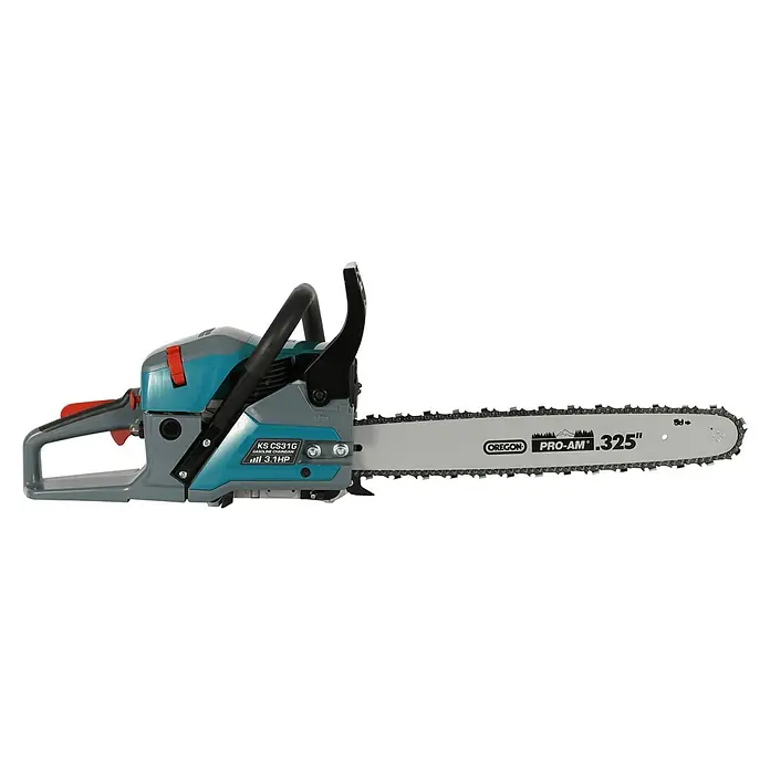 Könner & Söhnen Benzin-Kettensäge KS CS31G-18-1 - 2,3 kW, 54,5 cm³, Schwertlänge: 45 cm - Eine Kettensäge der Marke Könner & Söhnen, Modell KS CS31G, wird im Bild gezeigt. Die Kettensäge ist benzinbetrieben und hat 3,1 PS.