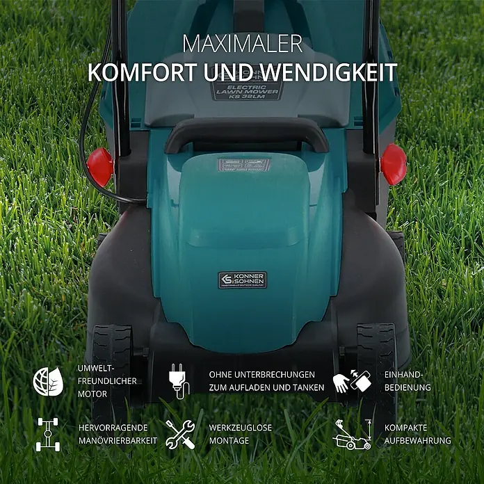 Könner & Söhnen Elektro-Rasenmäher KS 32LM - 1.000 W, Schnittbreite: 32 cm - Der Rasenmäher KS 32LM bietet maximalen Komfort und Wendigkeit für mühelose Gartenarbeit.