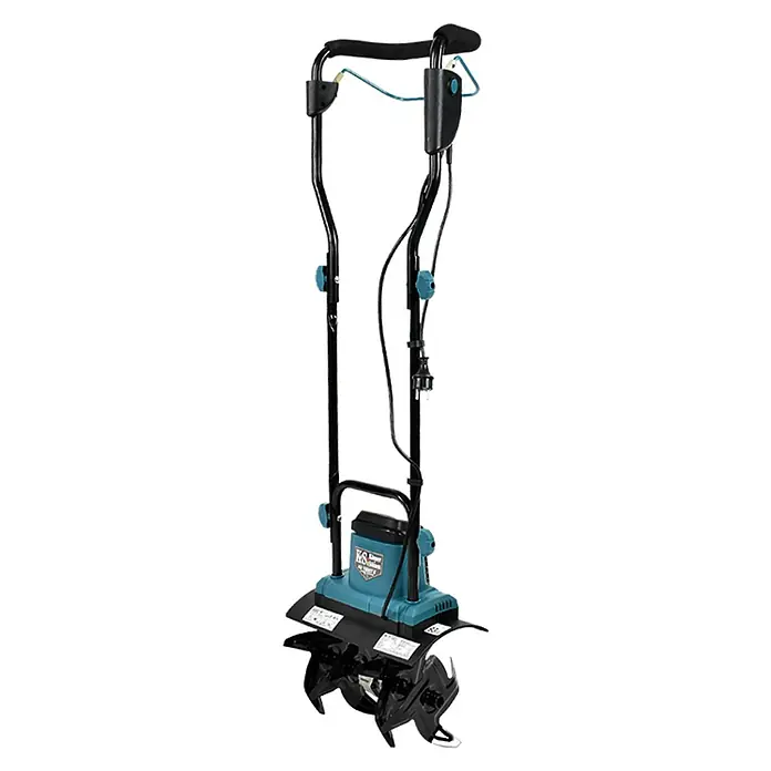 Könner & Söhnen Elektro-Bodenhacke KS 1000T E - Leistung: 1.000 W, Arbeitsbreite: 36 cm, Arbeitstiefe: 22 cm - Der KS Power Series Gartendräser ist ein blaugrünes Gerät mit einem schwarzen Griff und schwarzen Zinken. Er ist für die Gartenarbeit konzipiert.