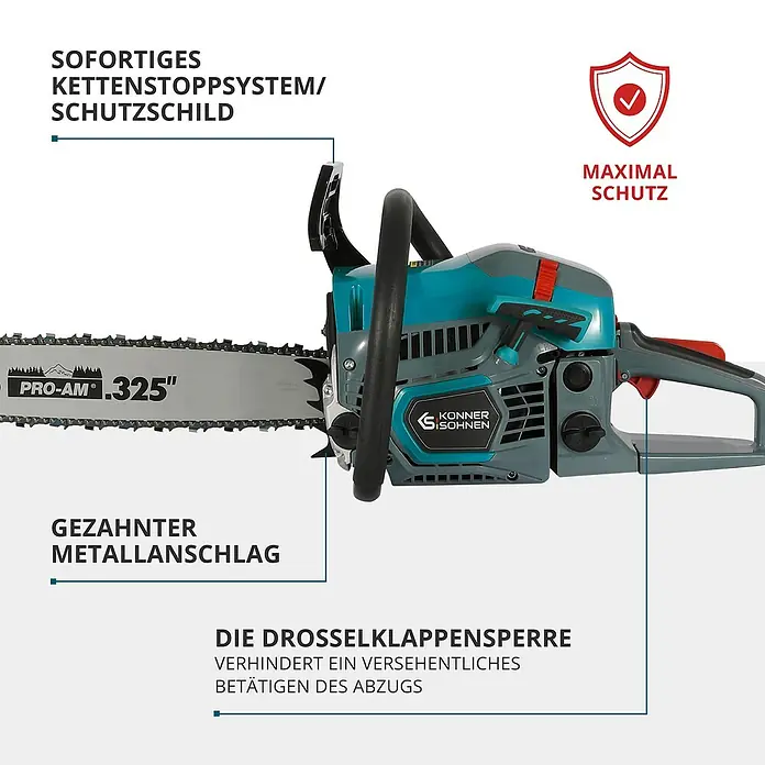 Könner & Söhnen Benzin-Kettensäge KS CS31G-16-1 - 2,3 kW, 54,5 cm³, Schwertlänge: 40 cm - Abbildung einer Kettensäge der Marke Könner & Söhnen mit hervorgehobenen Merkmalen wie Kettenstoppsystem und gezahntem Metallanschlag.