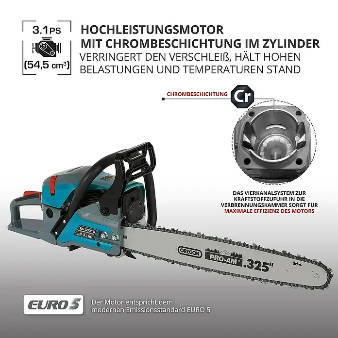 Könner & Söhnen Benzin-Kettensäge KS CS31G-16-1 - 2,3 kW, 54,5 cm³, Schwertlänge: 40 cm - Produktdarstellung: Eine Kettensäge mit leistungsstarkem Motor und Chrombeschichtung für hohe Effizienz und lange Lebensdauer.