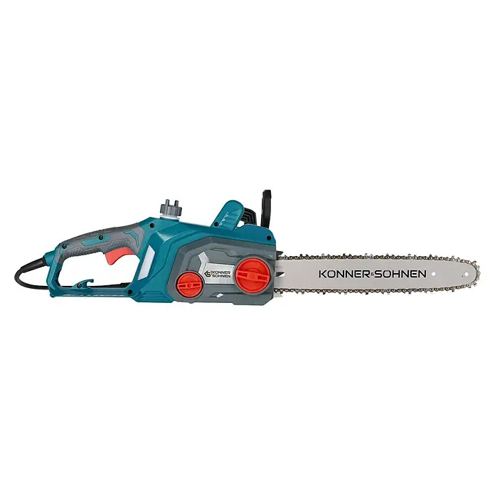 Könner & Söhnen Elektro-Kettensäge KS CS1800-14 - 1.800 W, Schwertlänge: 35 cm - Abgebildete Elektrosäge von Könner & Söhnen. Das Produkt hat eine grau-türkise Farbe und ist für Gartenarbeiten konzipiert.