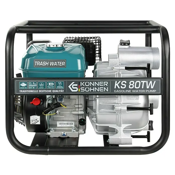 Könner & Söhnen Schmutzwasserpumpe KS 80TW - 7 PS, Max. Fördermenge: 1.100 l/h - Hier ist eine Konner & Söhnen KS 80TW Benzin-Wasserpumpe zur Schmutzwasserentsorgung, ideal für anspruchsvolle Anwendungen.