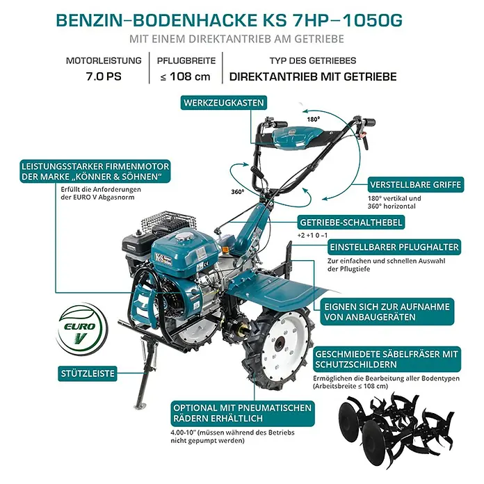 Könner & Söhnen Benzin-Bodenhacke KS 7HP-1050G - 4-Takt, Arbeitsbreite: 108 cm - Die Abbildung zeigt eine Motorhacke mit verschiedenen Zubehörteilen, darunter ein Werkzeugkasten und verstellbare Griffe.