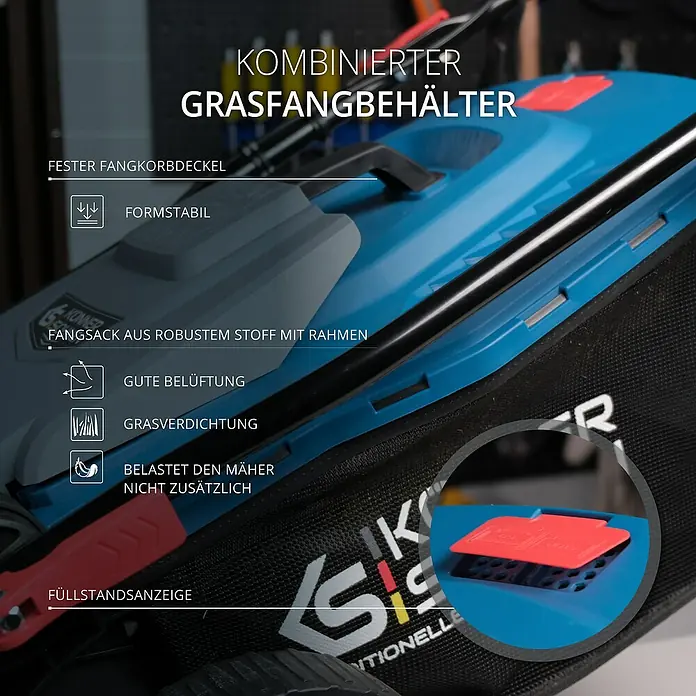Könner & Söhnen Elektro-Rasenmäher KS 38LM - 1.400 W - Kombinierter Grasfangbehälter für einen Rasenmäher, mit robustem Fangsack und Füllstandsanzeige für effizientes Rasenmähen.