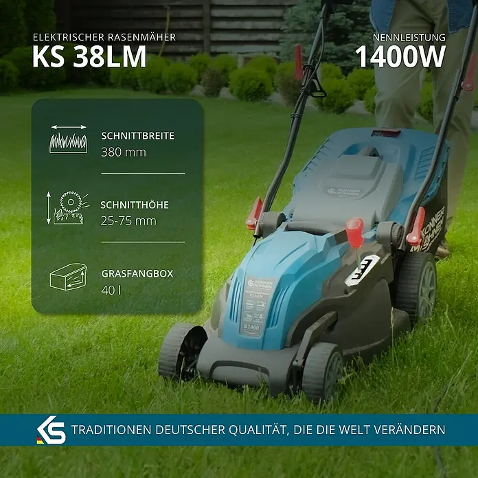 Könner & Söhnen Elektro-Rasenmäher KS 38LM - 1.400 W - Elektrischer Rasenmäher KS 38LM mit 1400W Leistung, 380mm Schnittbreite, 25-75mm Schnitthöhe und 40l Grasfangbox für effizientes Rasenmähen.