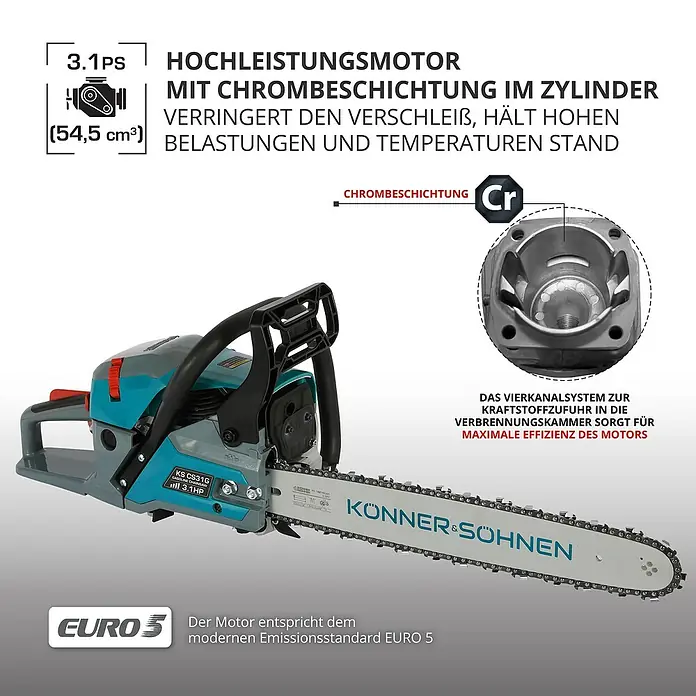 Könner & Söhnen Benzin-Kettensäge KS CS31G-16 - 2,3 kW, 54,5 cm³, Schwertlänge: 40 cm - Bild einer Kettensäge mit Chrombeschichtung im Zylinder, die Verschleiß reduziert und hohen Belastungen standhält.