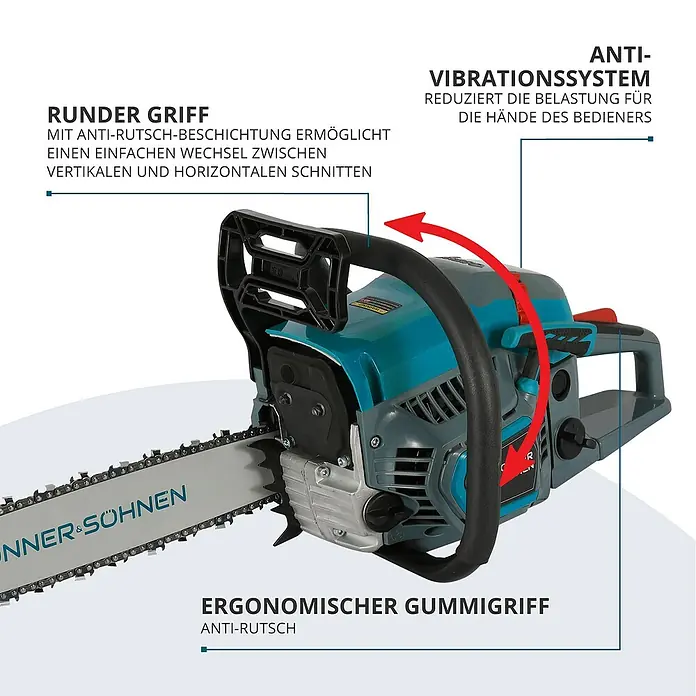 Könner & Söhnen Benzin-Kettensäge KS CS21G-16 - 1,6 kW, 45 cm³, Schwertlänge: 40 cm - Abbildung einer Kettensäge mit Anti-Vibrationssystem, ergonomischem Gummigriff und rutschfestem Rundgriff für vertikale/horizontale Schnitte.