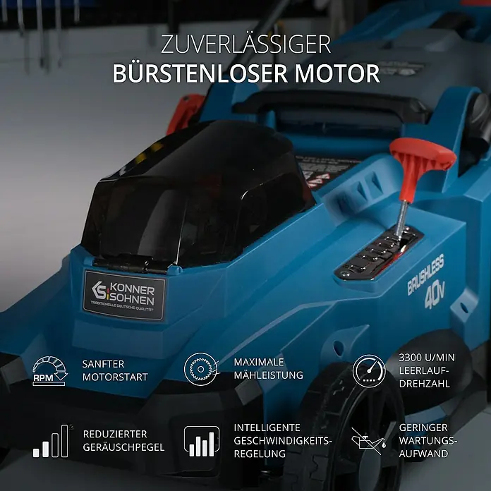 Könner & Söhnen Akku-Rasenmäher KS 43LM - 40 V, Ohne Akku, Schnittbreite: 43 cm - Bild einer blauen Rasenmähmaschine mit bürstenlosem Motor und verschiedenen Funktionsanzeigen.