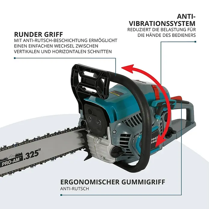 Könner & Söhnen Benzin-Kettensäge KS CS31G-20-1 - 2,3 kW, 54,5 cm³, Schwertlänge: 50 cm - Abbildung einer Kettensäge mit Anti-Vibrationssystem, rundem Griff und ergonomischem Gummigriff für komfortables Arbeiten.