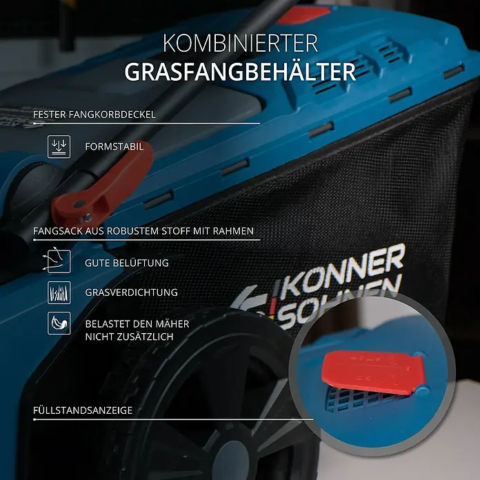 Könner & Söhnen Akku-Rasenmäher KS 43LM - 40 V, Ohne Akku, Schnittbreite: 43 cm - Grasfangbehälter eines Rasenmähers mit Füllstandsanzeige, robustem Stoff, Rahmen und guter Belüftung für effizientes Rasenmähen.