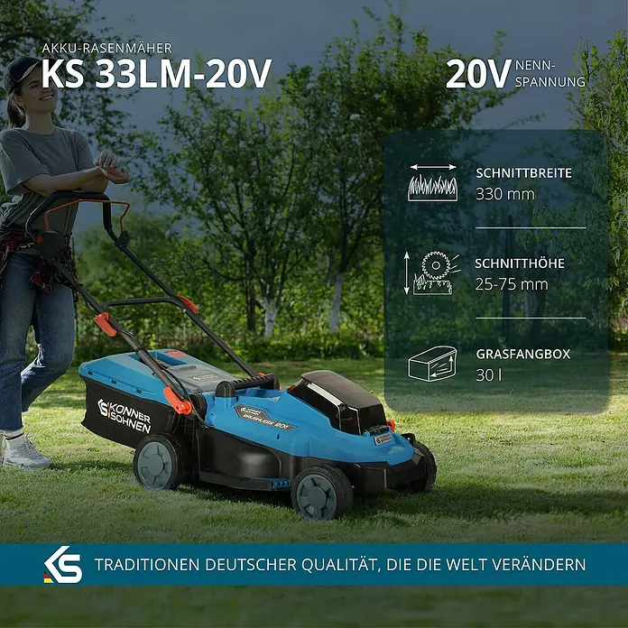 Könner & Söhnen Akku-Rasenmäher KS 33LM - 20 V, Ohne Akku, Schnittbreite: 33 cm - Akku-Rasenmäher KS 33LM-20V mit 20V Nennspannung. Schnittbreite 330mm, Schnitthöhe 25-75mm, Grasfangbox 30l.