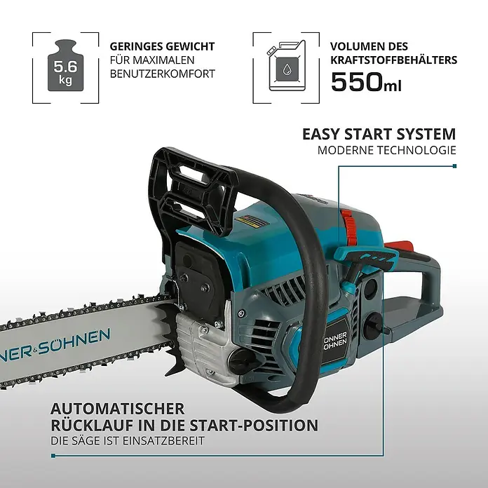Könner & Söhnen Benzin-Kettensäge KS CS21G-16 - 1,6 kW, 45 cm³, Schwertlänge: 40 cm - Kettensäge mit geringem Gewicht (5,6 kg) und einem Kraftstoffbehältervolumen von 550 ml.