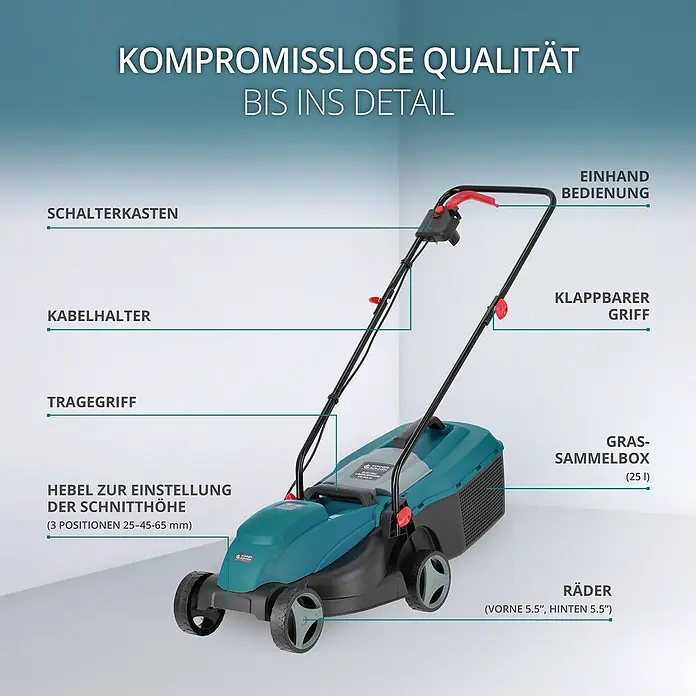 Könner & Söhnen Elektro-Rasenmäher KS 32LM - 1.000 W, Schnittbreite: 32 cm - Abbildung eines Rasenmähers, der die Merkmale kompromisslose Qualität und Detailgenauigkeit hervorhebt.