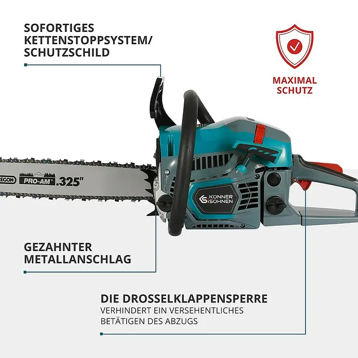 Könner & Söhnen Benzin-Kettensäge KS CS31G-20-1 - 2,3 kW, 54,5 cm³, Schwertlänge: 50 cm - Nahaufnahme einer Kettensäge von Könner & Söhnen mit Fokus auf Sicherheitsmerkmale wie Kettenstopp und Metallanschlag.