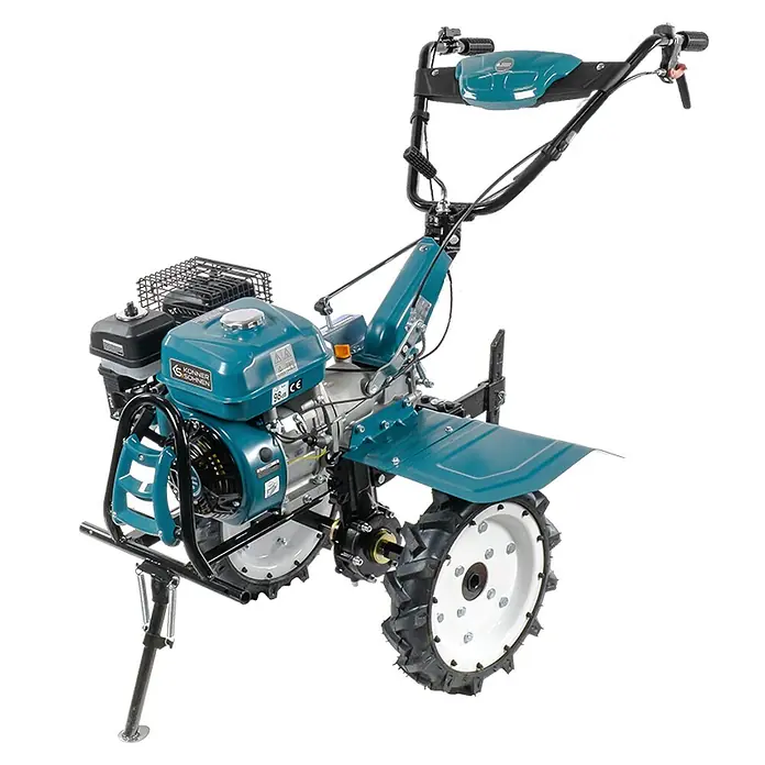 Könner & Söhnen Benzin-Bodenhacke KS 7HP-1050G - 4-Takt, Arbeitsbreite: 108 cm - Nahaufnahme eines blaugrünen Motorhackers von Könner & Söhnen, ideal für Garten- und Landwirtschaftsarbeiten.