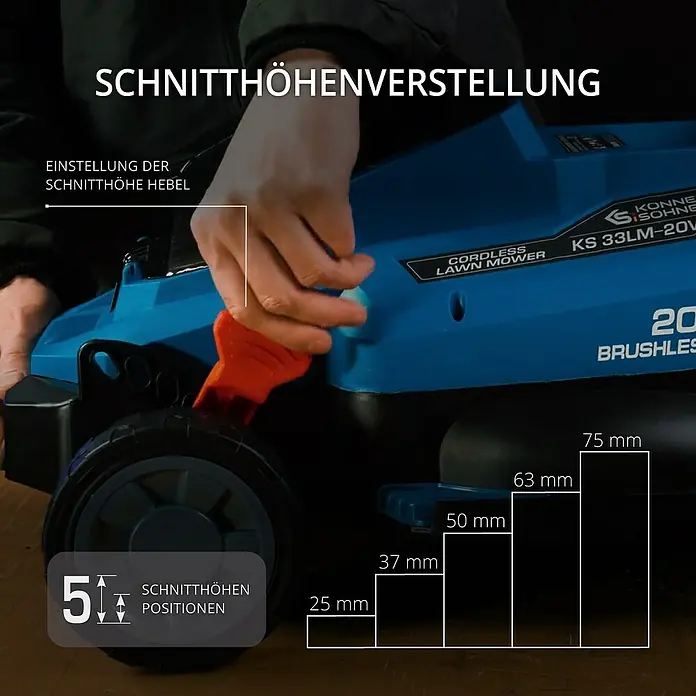 Könner & Söhnen Akku-Rasenmäher KS 33LM - 20 V, Ohne Akku, Schnittbreite: 33 cm - Rasenmäher mit fünf Schnittpositionen zwischen 25 mm und 75 mm für eine präzise Rasenpflege.