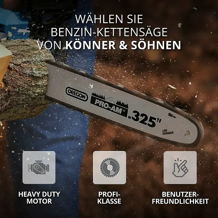 Könner & Söhnen Benzin-Kettensäge KS CS31G-16-1 - 2,3 kW, 54,5 cm³, Schwertlänge: 40 cm - Das Bild zeigt eine Benzin-Kettensäge von Könner & Söhnen, die durch Holz sägt, mit hervorgehobenen Merkmalen wie Motorleistung & Benutzerfreundlichkeit.