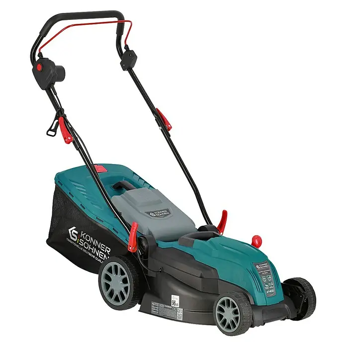 Könner & Söhnen Elektro-Rasenmäher KS 38LM - 1.400 W - Ein grüner und schwarzer Konner & Sohnen Rasenmäher mit Fangkorb, ideal für effiziente Gartenpflege und saubere Schnittergebnisse.