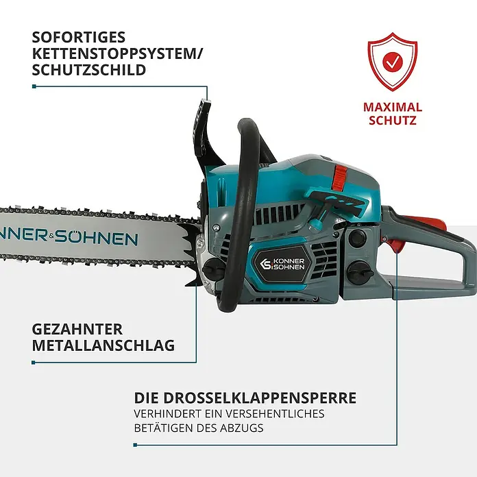 Könner & Söhnen Benzin-Kettensäge KS CS31G-16 - 2,3 kW, 54,5 cm³, Schwertlänge: 40 cm - Die Konner & Söhnen Kettensäge mit Sofort-Kettenstoppsystem, Schutzschild, gezahntem Metallanschlag und Drosselklappensperre für maximale Sicherheit.