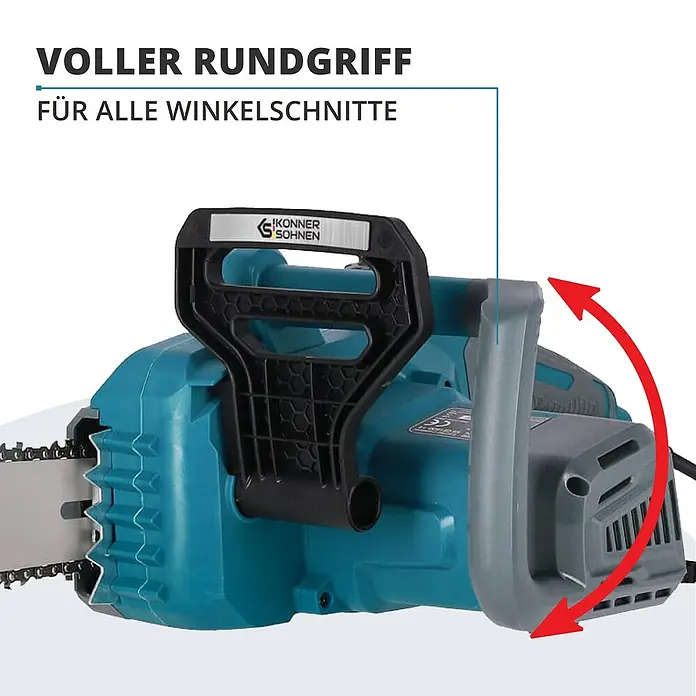 Könner & Söhnen Elektro-Kettensäge KS CS1800-14 - 1.800 W, Schwertlänge: 35 cm - Abbildung einer Kettensäge mit vollem Rundgriff. Der Rundgriff ermöglicht Winkelschnitte für Flexibilität.