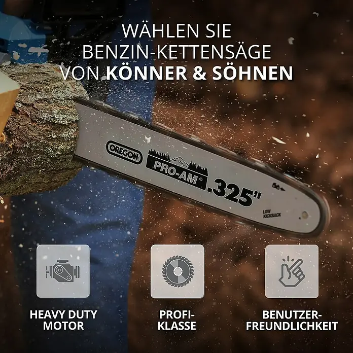 Könner & Söhnen Benzin-Kettensäge KS CS31G-20-1 - 2,3 kW, 54,5 cm³, Schwertlänge: 50 cm - Nahaufnahme einer "Könner & Söhnen" Benzin-Kettensäge beim Sägen eines Baumstamms. Die Säge ist mit einer "Oregon Pro-Am .325"" Kette ausgestattet.