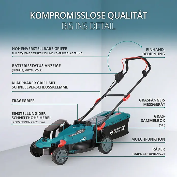 Könner & Söhnen Akku-Rasenmäher KS 33LM - 20 V, Ohne Akku, Schnittbreite: 33 cm - Bild einer Rasenmähers mit dem Fokus auf seine Funktionen, wie Griffverstellung und Batterieanzeige.