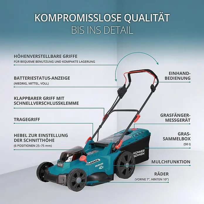 Könner & Söhnen Akku-Rasenmäher KS 43LM - 40 V, Ohne Akku, Schnittbreite: 43 cm - Produktbild eines Rasenmähers mit verschiedenen hervorgehobenen Funktionen für Komfort und einfache Nutzung.