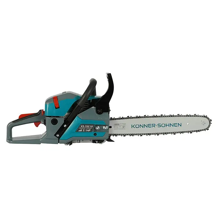 Könner & Söhnen Benzin-Kettensäge KS CS21G-16 - 1,6 kW, 45 cm³, Schwertlänge: 40 cm - Abbildung einer blauen und grauen Kettensäge mit der Aufschrift Könner & Söhnen, die sich ideal zum Schneiden von Baumstämmen eignet.