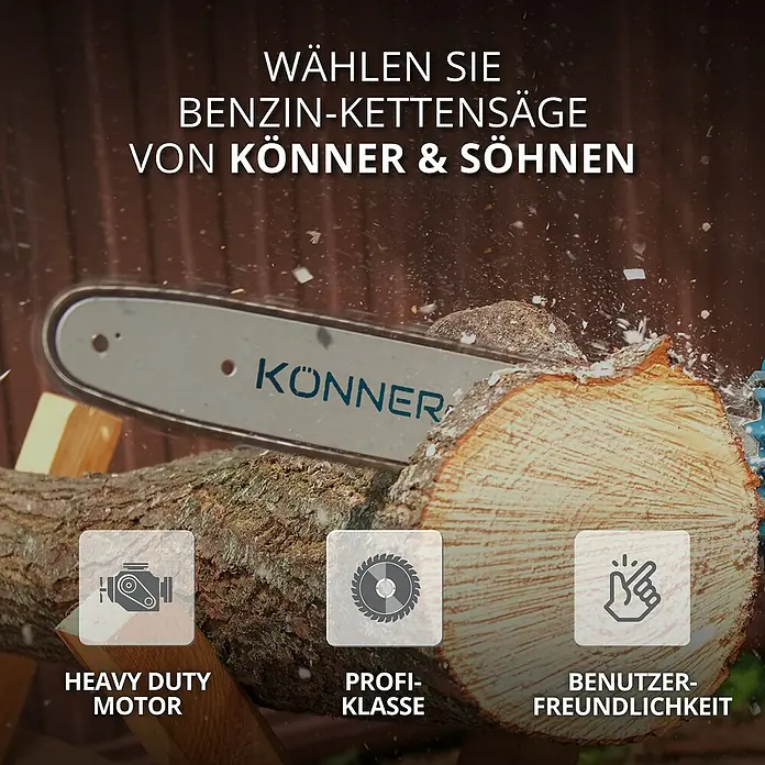Könner & Söhnen Benzin-Kettensäge KS CS21G-16 - 1,6 kW, 45 cm³, Schwertlänge: 40 cm - Werbung für eine "Könner & Söhnen" Benzin-Kettensäge mit den Vorteilen: Schwerlastmotor, Profiklasse und Benutzerfreundlichkeit.