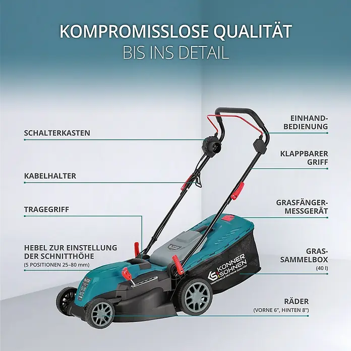 Könner & Söhnen Elektro-Rasenmäher KS 38LM - 1.400 W - Rasenmäher mit Schalterkasten, Kabelhalter, Tragegriff und Hebel zur Einstellung der Schnitthöhe.