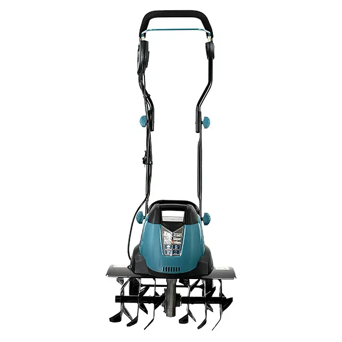 Könner & Söhnen Elektro-Bodenhacke KS 1500T E - Leistung: 1.500 W, Arbeitsbreite: 45 cm, Arbeitstiefe: 22 cm - Nahaufnahme einer elektrischen Gartenfräse mit blau-schwarzem Gehäuse und rotierenden Hackmessern, ideal für die Bodenbearbeitung.