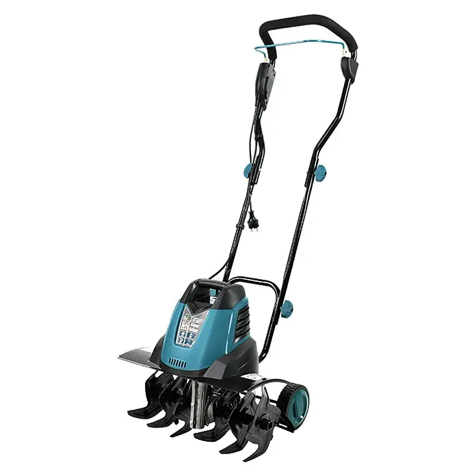 Könner & Söhnen Elektro-Bodenhacke KS 1500T E - Leistung: 1.500 W, Arbeitsbreite: 45 cm, Arbeitstiefe: 22 cm - Abbildung eines blauen und schwarzen Gartenhäcksler, einem Gartengerät zum Auflockern und Vorbereiten des Bodens.