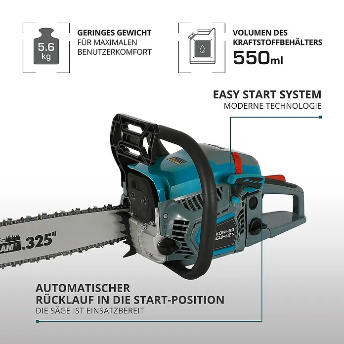 Könner & Söhnen Benzin-Kettensäge KS CS31G-16-1 - 2,3 kW, 54,5 cm³, Schwertlänge: 40 cm - Abbildung einer petrolfarbenen Kettensäge mit den Angaben zu Gewicht, Tankvolumen und dem Easy-Start-System.