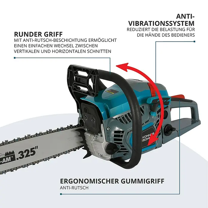 Könner & Söhnen Benzin-Kettensäge KS CS31G-16-1 - 2,3 kW, 54,5 cm³, Schwertlänge: 40 cm - Nahaufnahme einer Kettensäge mit Beschriftungen zu Griff, Antivibrationssystem und ergonomischem Design.