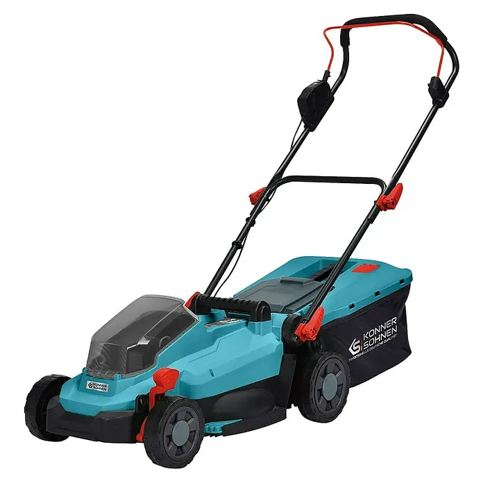 Könner & Söhnen Akku-Rasenmäher KS 33LM - 20 V, Ohne Akku, Schnittbreite: 33 cm - Der Konner & Söhnen Rasenmäher ist ein modernes Gartengerät. Er ist blaugrün mit roten Akzenten und einem schwarzen Fangkorb.