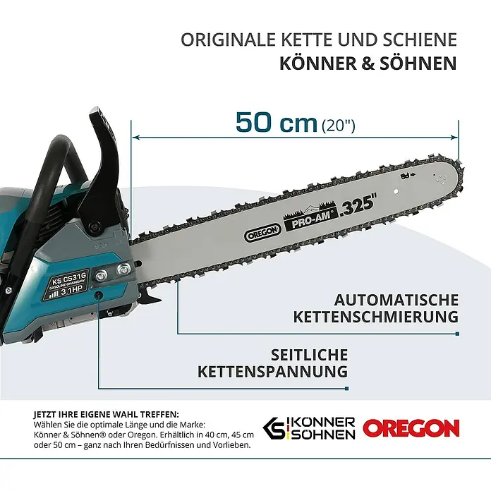 Könner & Söhnen Benzin-Kettensäge KS CS31G-20-1 - 2,3 kW, 54,5 cm³, Schwertlänge: 50 cm - Abbildung einer Kettensäge mit einer 50 cm langen Kette und Schiene von Könner & Söhnen, mit automatischer Kettenschmierung.