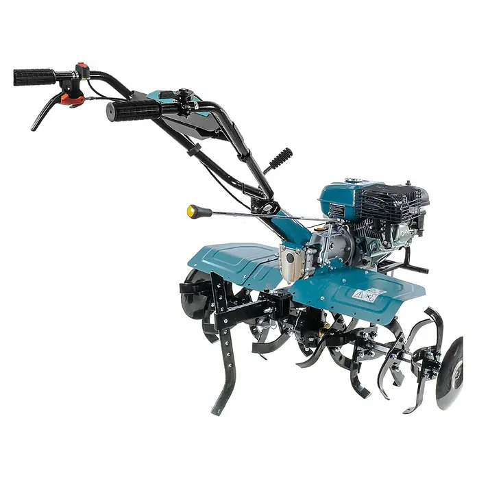 Könner & Söhnen Benzin-Bodenhacke KS 7HP-1050G - 4-Takt, Arbeitsbreite: 108 cm - Nahaufnahme einer Motorhacke mit verstellbarem Lenker, ideal für die Gartenarbeit. Vielseitig und robust für effektives Umgraben und Lockern des Bodens.