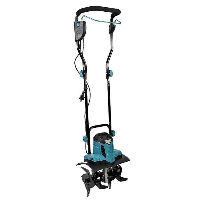 Könner & Söhnen Elektro-Bodenhacke KS 1000T E - Leistung: 1.000 W, Arbeitsbreite: 36 cm, Arbeitstiefe: 22 cm - Das Bild zeigt einen blauen und schwarzen Kultivator mit verstellbarem Griff und rotierenden Zinken zum Auflockern und Belüften des Bodens.