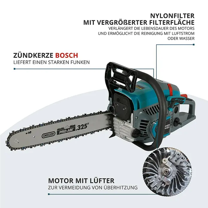 Könner & Söhnen Benzin-Kettensäge KS CS21G-16-1 - 1,6 kW, 45 cm³, Schwertlänge: 40 cm - Abbildung einer blauen Kettensäge mit Hinweisen zu Nylonfilter, Zündkerze und Motorlüfter.