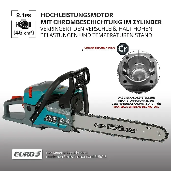 Könner & Söhnen Benzin-Kettensäge KS CS21G-16-1 - 1,6 kW, 45 cm³, Schwertlänge: 40 cm - Bild einer Kettensäge mit Angaben zum Hochleistungsmotor, Chrombeschichtung, Vierkanalsystem und EURO 5 Standard.