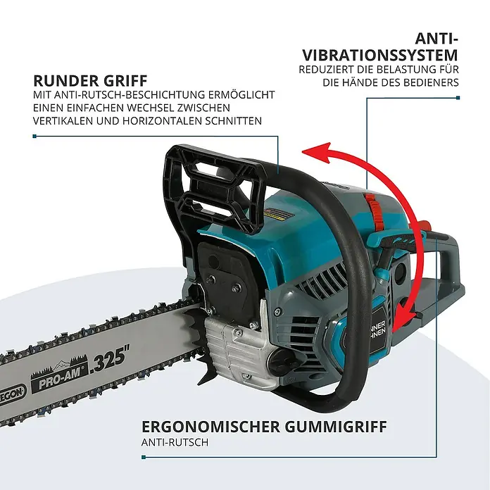 Könner & Söhnen Benzin-Kettensäge KS CS21G-16-1 - 1,6 kW, 45 cm³, Schwertlänge: 40 cm - Die Kettensäge mit rundem Griff, Antivibrationssystem und ergonomischem Gummigriff für komfortables und sicheres Arbeiten.