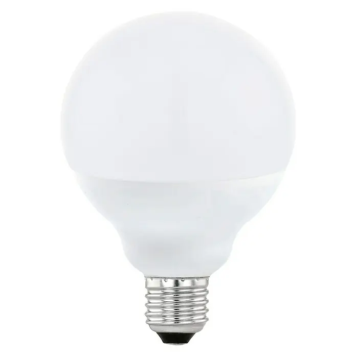 Eglo Connect Bombilla LED - E27, Intensidad regulable, Blanco cálido, 1.300 lm, 13 W - Primer plano de una bombilla LED blanca con pantalla redonda y base E27 sobre un fondo blanco.