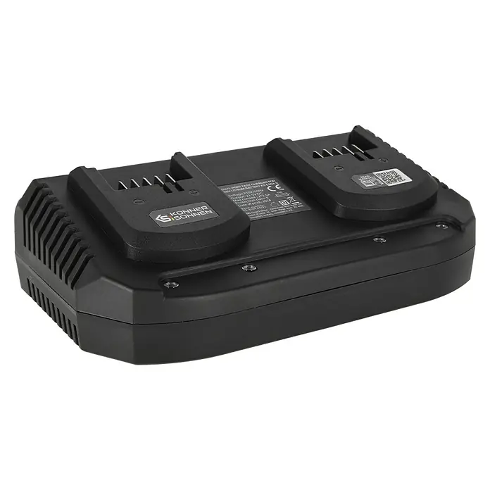 Könner & Söhnen Dual-Ladegerät KS C35A-2 - Schwarz, Passend für: Alle Könner & Söhnen® 20V-Akkus - Ein schwarzes Konner & Sohnen Dual Port Akku-Ladegerät für Lithium-Ionen-Akkus. Zum Aufladen von zwei Akkus gleichzeitig.