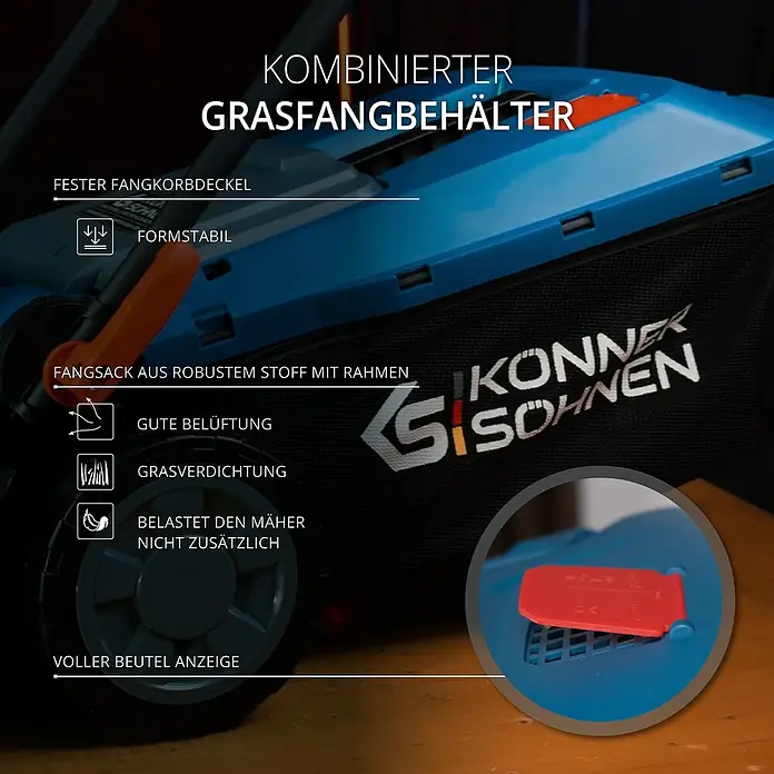Könner & Söhnen Akku-Rasenmäher KS 33LM - 20 V, Ohne Akku, Schnittbreite: 33 cm - Bild eines kombinierten Grasfangbehälters, der robust, formstabil und gut belüftet ist und den Mäher nicht zusätzlich belastet.