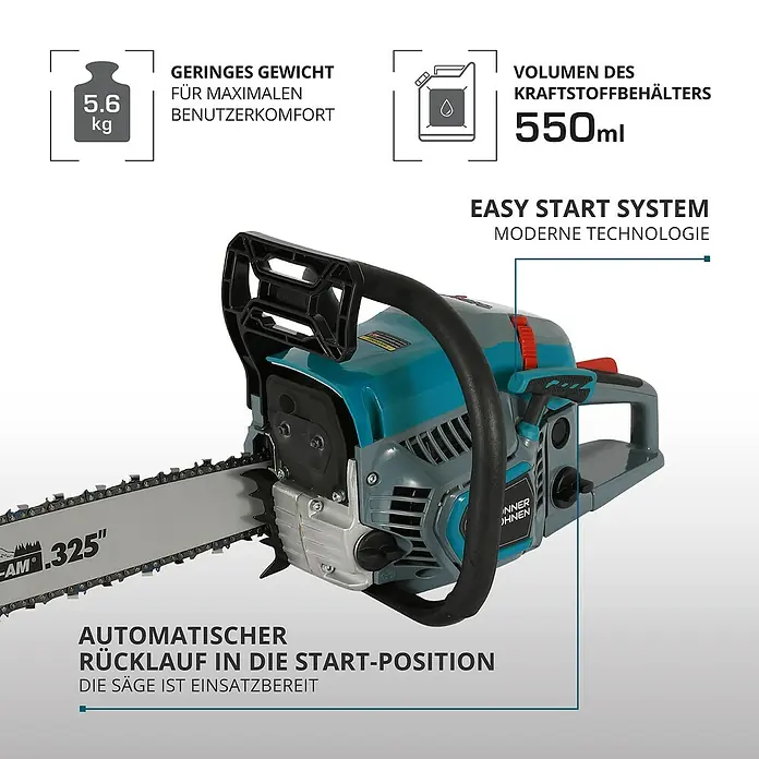 Könner & Söhnen Benzin-Kettensäge KS CS31G-20-1 - 2,3 kW, 54,5 cm³, Schwertlänge: 50 cm - Hier ist eine Abbildung einer Kettensäge mit technischen Daten wie Gewicht und Tankvolumen.