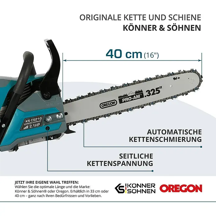 Könner & Söhnen Benzin-Kettensäge KS CS21G-16-1 - 1,6 kW, 45 cm³, Schwertlänge: 40 cm - Abbildung einer Kettensäge von Könner & Söhnen mit einer Schwertlänge von 40 cm (16 Zoll) und automatische Kettenschmierung.