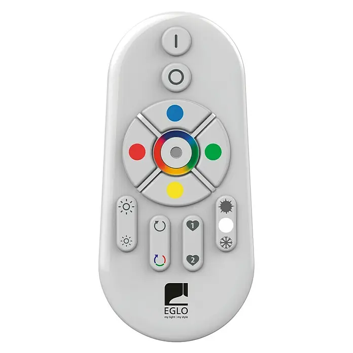 Eglo Connect Mando a distancia - Sistemas soportados: Sistema Eglo Connect - Imagen de un mando a distancia EGLO. El mando es blanco y tiene varios botones para diferentes funciones.